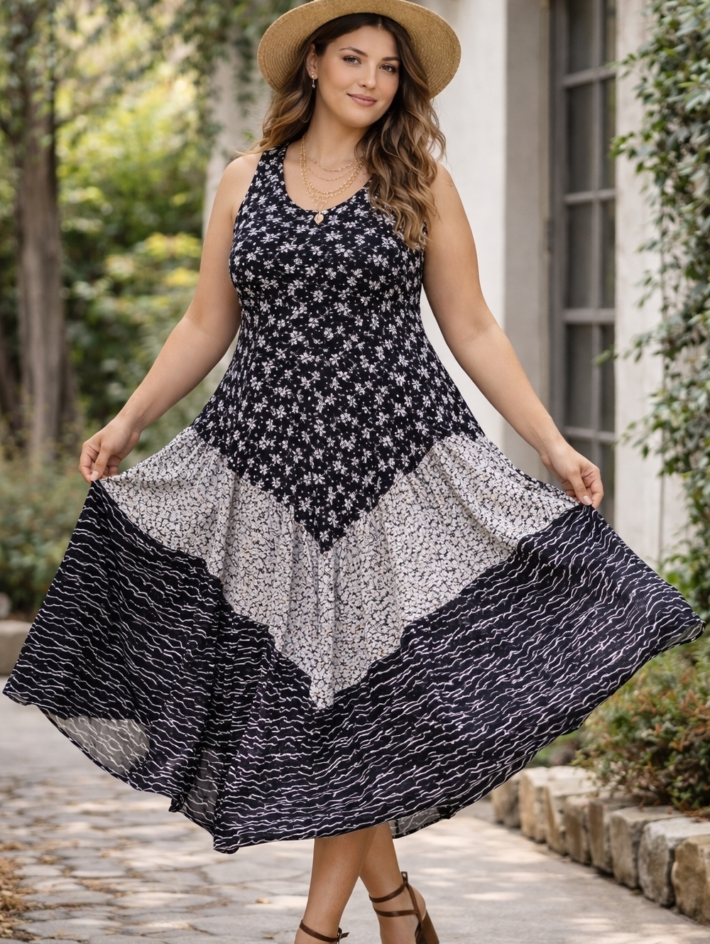 VTG Olivia Sun Dress L Black White Floral Patchwork Midi Rayon Boho Festival